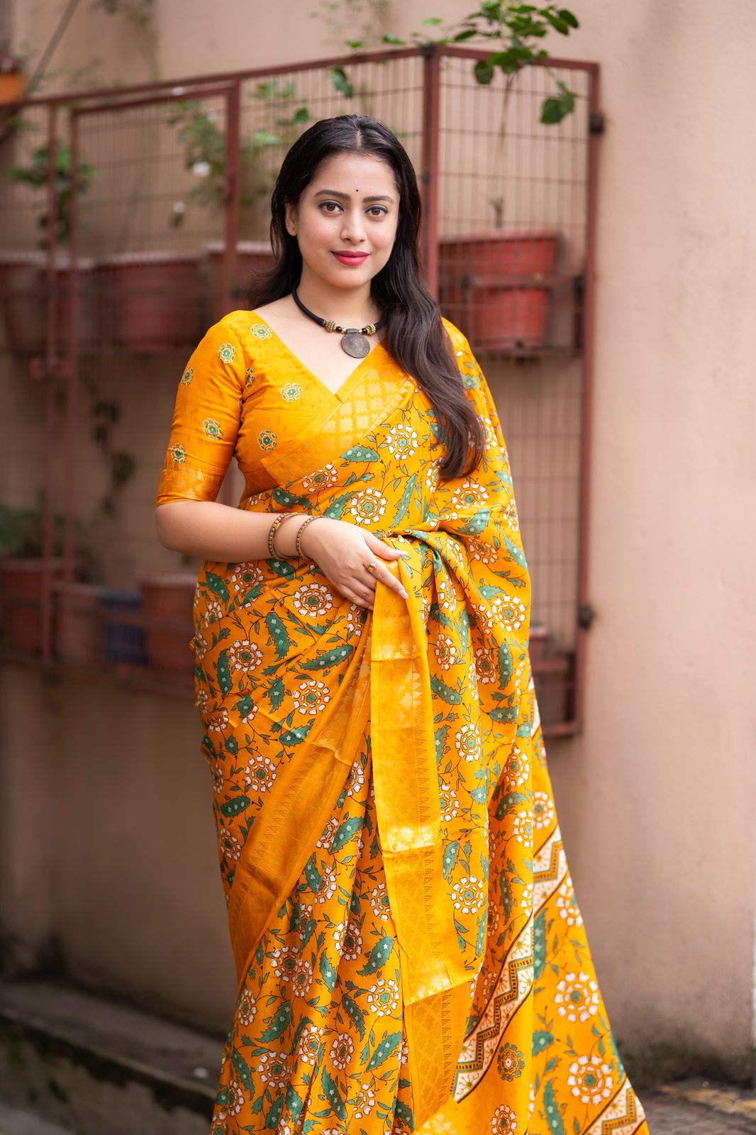 Mustard Yellow Handloom Kalamkari Soft Silk Saree